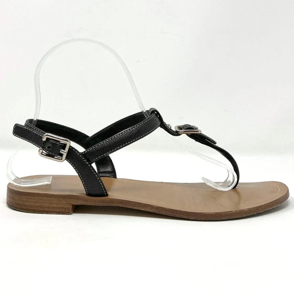 Prada Black Saffiano Leather Flat Thong Sandals Ankle Strap EU 38 Made in Italy‎